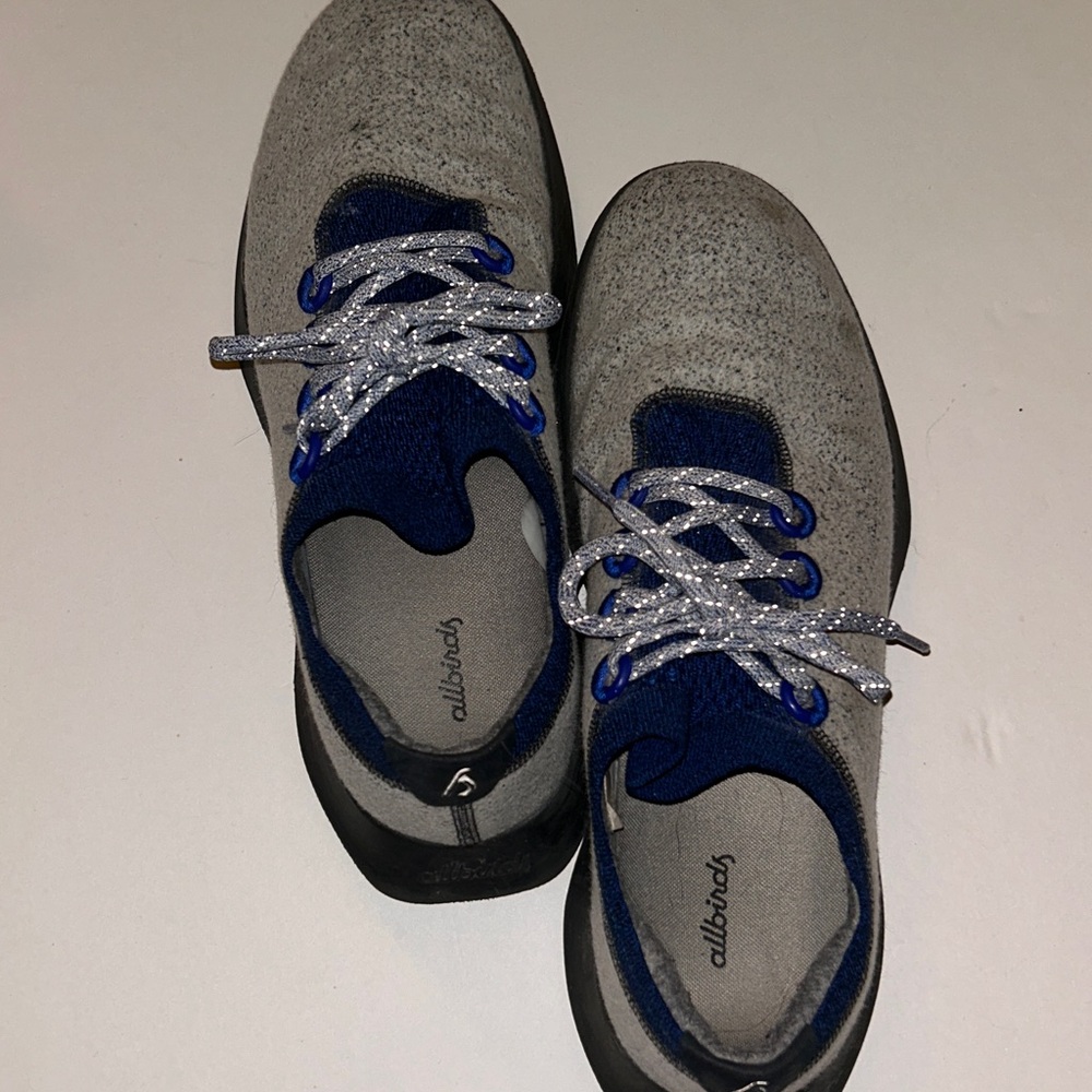 This is a pair of Allbirds Men's Wool Dasher Mizzles sneakers in a grey , blue